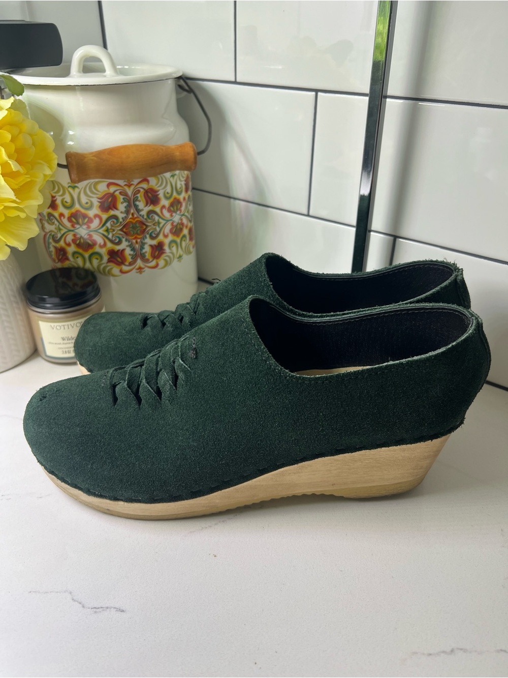No.6 Store Issa Woven Suede Clogs | Dark Green | 41 | Mid Wedge Closed Back Clog